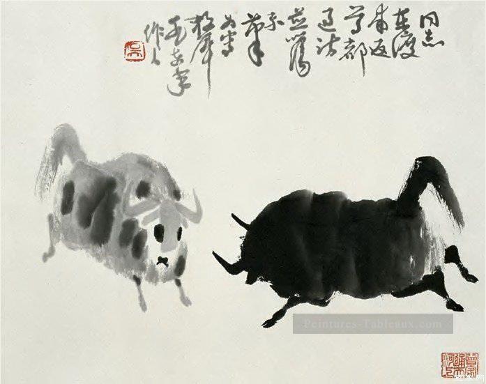 Wu Zuoren lutte contre le bétail vieille Chine à l’encre Peintures à l'huile